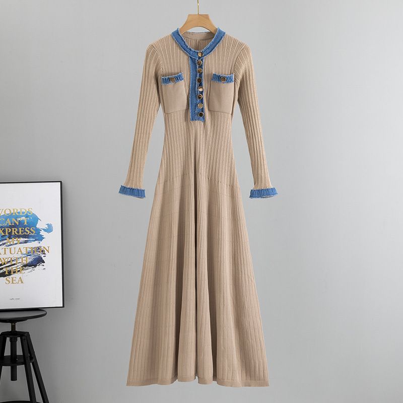 2025 Herbst Winter Damenmode Elegant Slim Fit Denim Patchwork Farbblock Langarmkleid_voghion.com
