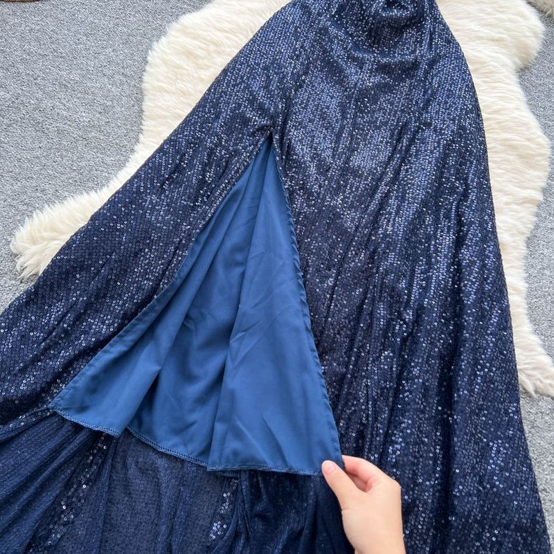 Elegantes, französisch inspiriertes, figurbetontes Kleid mit hohem Beinschlitz und Pailletten – ärmelloses A-Linien-Midikleid für Damen_voghion.com