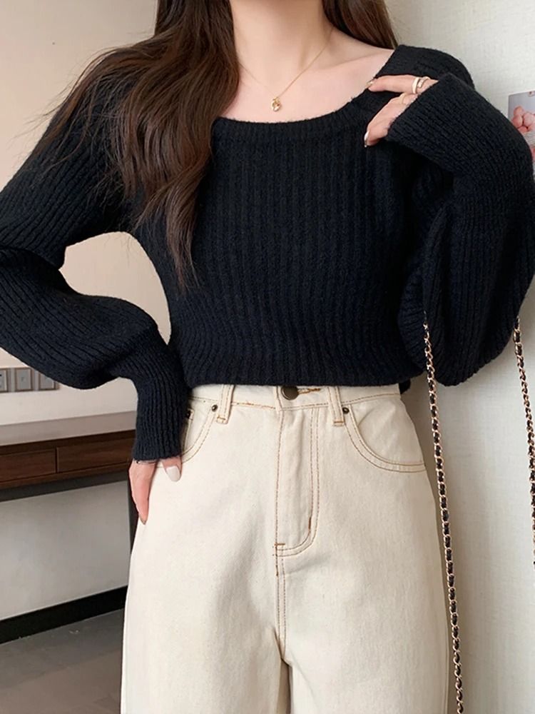 Herbst Winter Lose Frauen Pullover Lässig Weiche Lange Puffärmel Pullover Jumper Strickwaren Grundlegende Pullover Für Frauen Tops_voghion.com