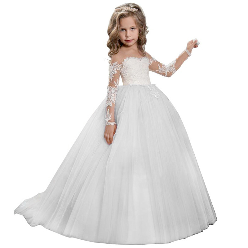 Madre e bambini Abito con pomello per ragazze Abito da principessa Abito da sera Abito da spettacolo per pianoforte Abito da sposa coda lunga Abito da bambino dei fiori_voghion.com