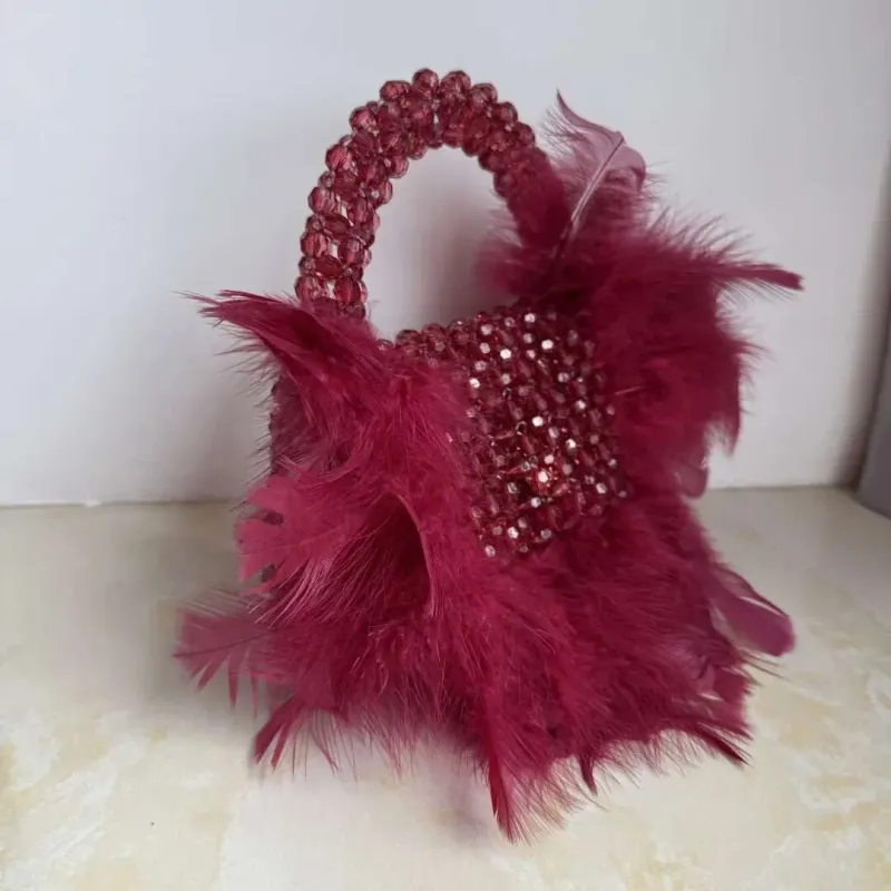 Handmade Small Green Bead With Feather Vacation Beading Handbag Deigner Beaded Ladie Party Bag Top-Handle Phone_voghion.com