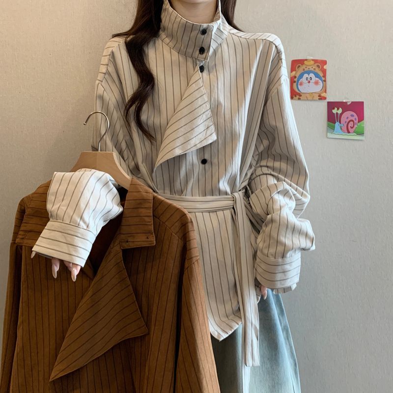 Irregular Long Sleeve Striped Turtleneck Shirt For Women, Autumn And Winter, Plus Size, Designed To Slim_voghion.com