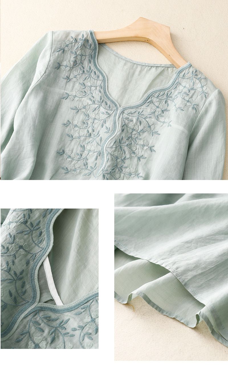 T-shirt da donna in cotone e lino con scollo a V e maniche a cinque punte, stile retrò_voghion.com