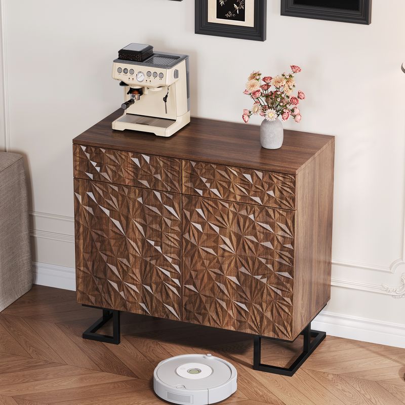 Credenza Kommode 80x78cm Walnussoptik Mit Blattrelief, 2 Schubladen & 2 Türen, Metallbeine_voghion.com