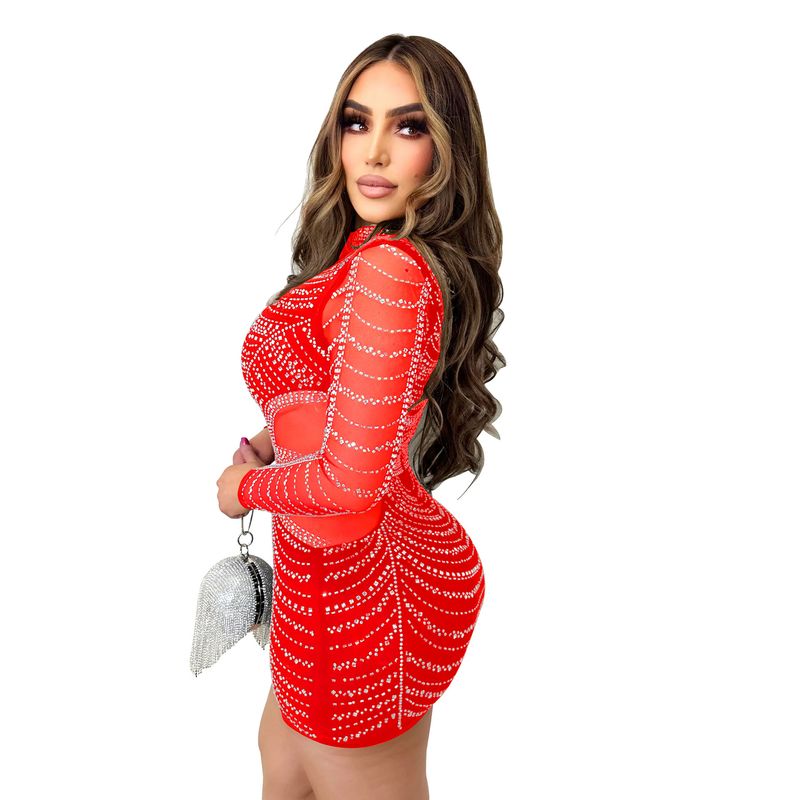 Abito da donna con gonna corta trasparente a maniche lunghe in maglia di diamanti caldi tinta unita_voghion.com