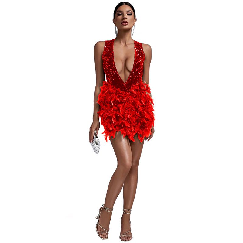 Women's High-end Light Luxury Sleeveless Hip Hugging Skirt Pure Desire Wind Deep V Backless Feather Dress For Women_voghion.com