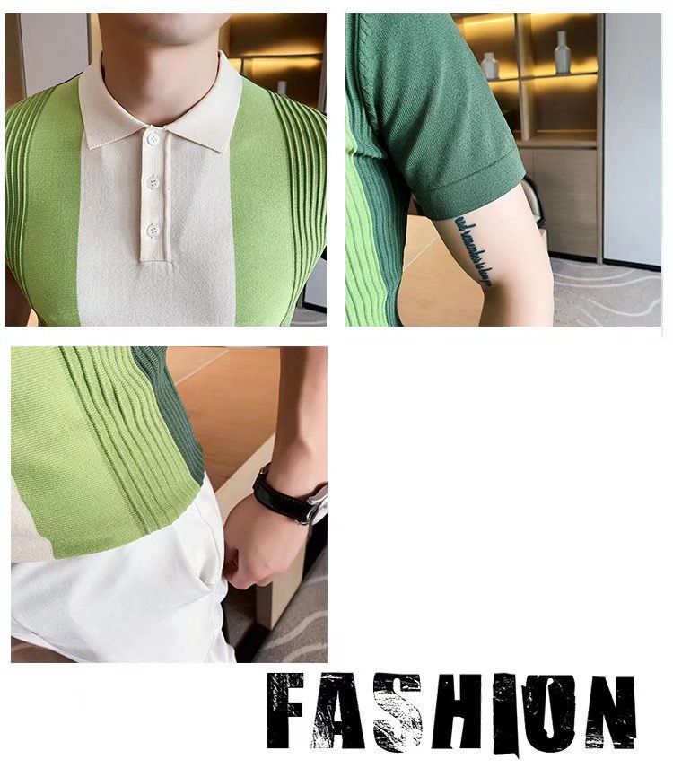 Vīriešu apģērbs, vīriešu īsroku polo krekls, zīmola ins vasaras plāns, modes atloka augšdaļa, ledus zīda, augstas klases T-krekls ar puspiedurknēm_voghion.com