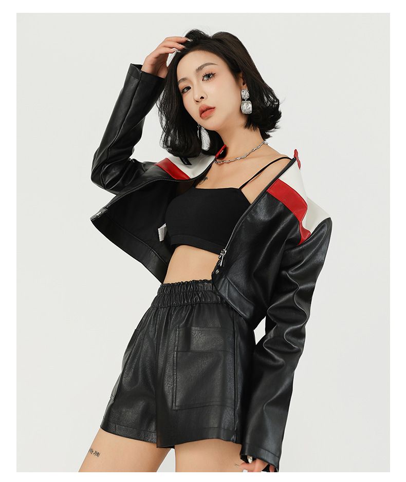 Neue Color-Block Patchwork Motorrad Pilot Kurzmantel Damen Lederjacke_voghion.com