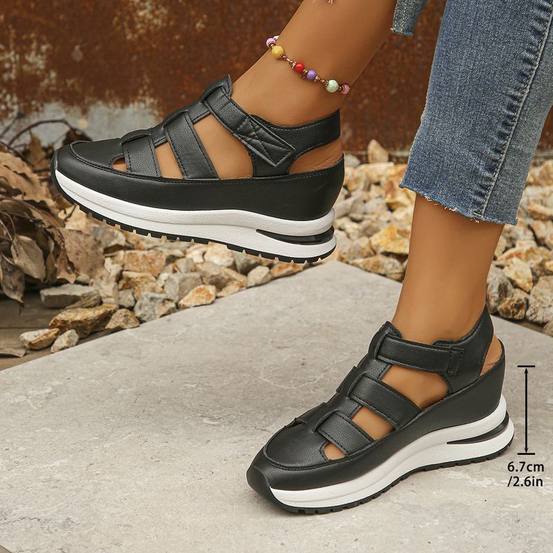 Summer New Wedge Sandals Closed Toe Hollow Breathable Plus Size Platform Thick Sole Velcro Women's Shoes_voghion.com