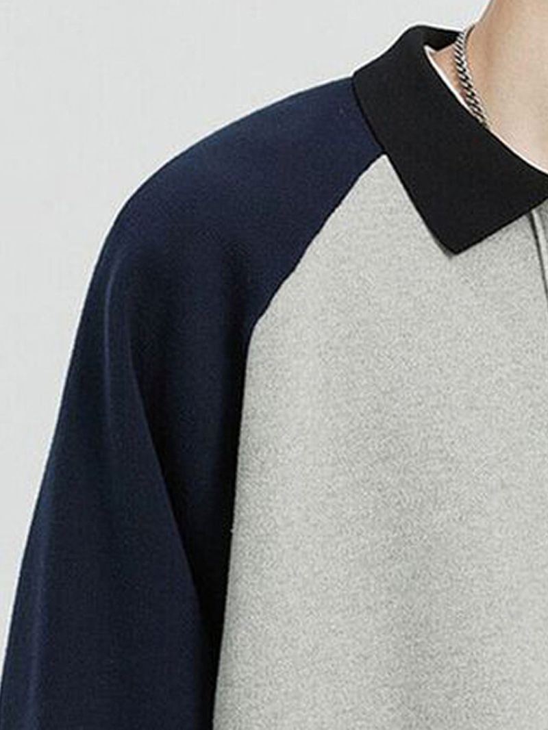 Herren-Poloshirt mit Farbblock-Reißverschluss – Langarm, entspannte Passform, Casual- und Streetwear-Stil (S-XXL, Hellgrau)_voghion.com