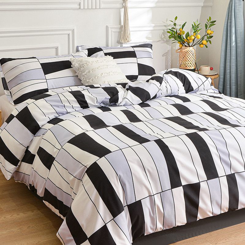 Modischer Bettbezug mit geometrischem Muster in Schwarz und Weiß, 3-teiliges Bettwäscheset, einfacher Bettbezug im Dreifarb-Nähte-Stil mit Kissenbezug_voghion.com