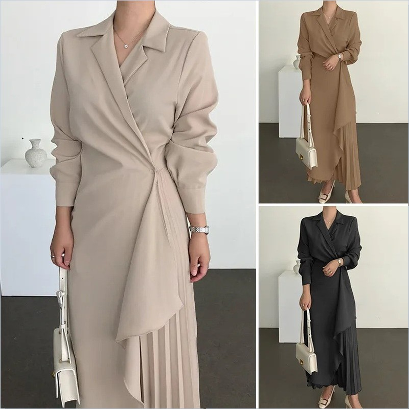 Abito camicia elegante formale da donna Abito lungo retrò tinta unita a vita lunga_voghion.com