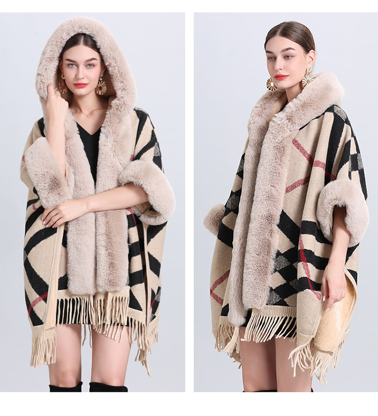 Dameskleding losse plaid plus fluwelen dikke bontkraag gebreide sjaal cape dameswollen sjaaljas_voghion.com