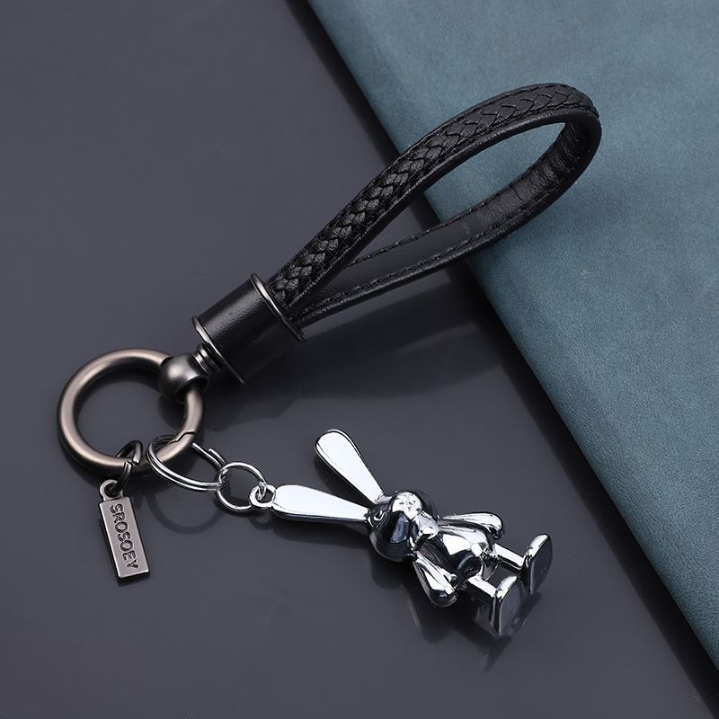 Porte-clés de voiture en cuir de vache, petit lapin, pendentif tridimensionnel, dessin animé, mignon, pour femme, personnalité, couple, sac_voghion.com