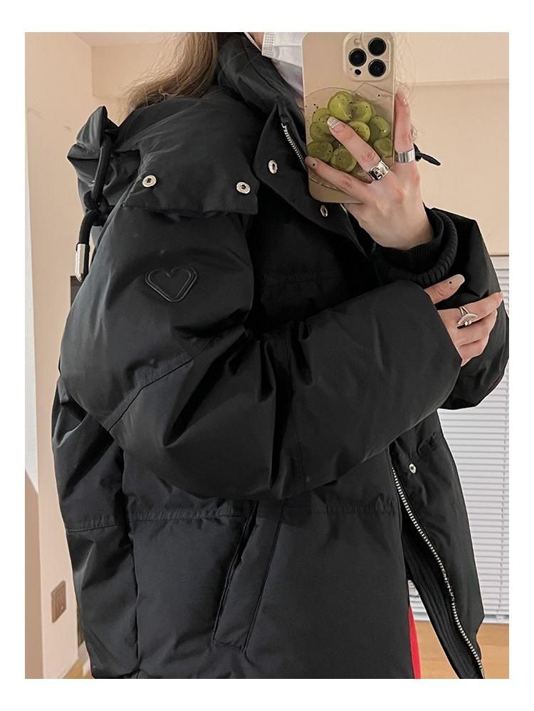 Kurtka puchowa z kapturem unisex dla kobiet – gruby zimowy płaszcz w stylu college'u, luźny krój, 55% białego puchu kaczego, powłoka poliestrowa, haft_voghion.com