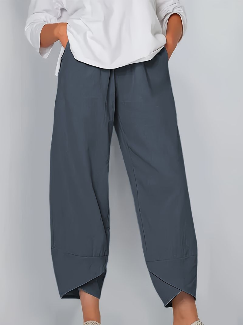 Pantaloni larghi alla moda da donna, casual, larghi, in cotone e lino, con elastico in vita, a nove punte_voghion.com