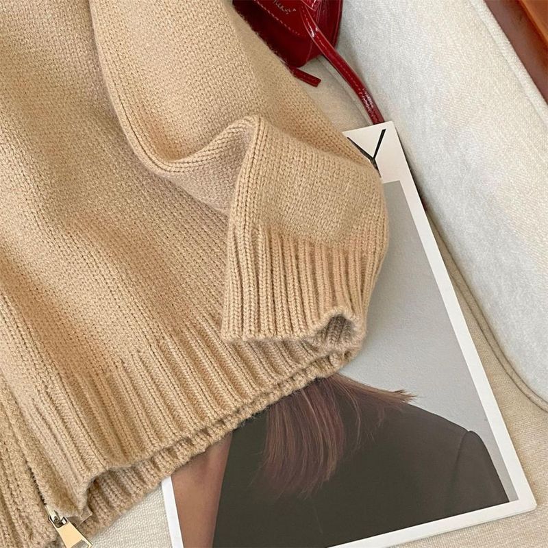 Zachte gebreide trui met capuchon voor dames - Comfortabele trui met lange mouwen, losse mouwen, pure kleur en ritsdetails, stedelijke forensenstijl (crème, kaki)_voghion.com