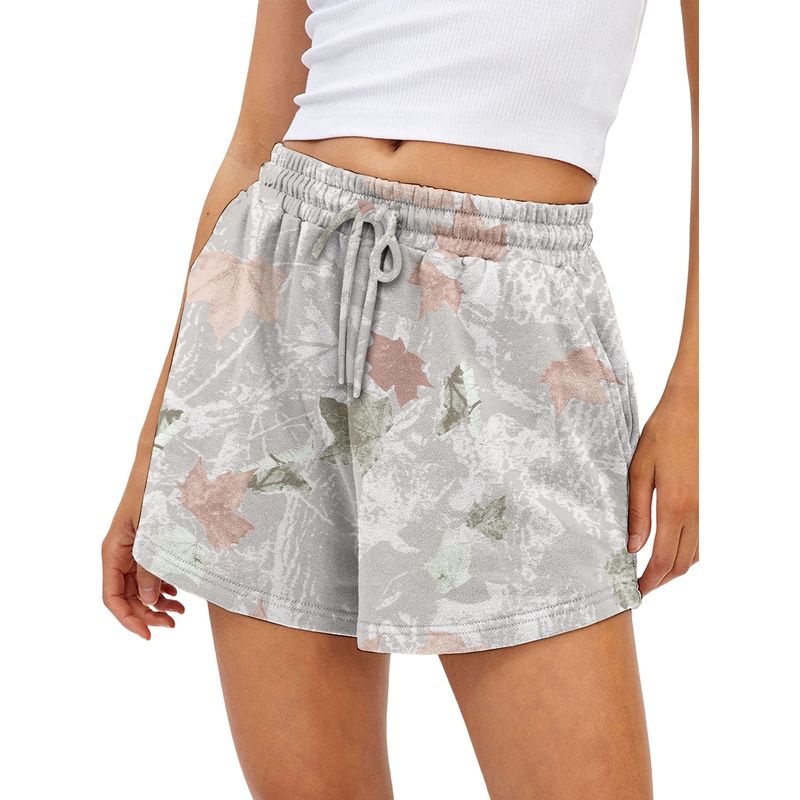 Women's 3D Printed Drawstring Shorts - Cotton Blend Casual Breathable Lounge Pants With Leaf/Branch Patterns_voghion.com