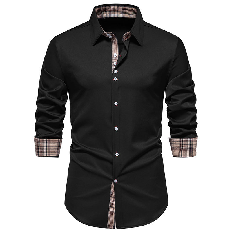 Men's Plaid Color-blocking Casual Long-sleeved Shirts Fashionable Loose Lapel Shirts_voghion.com