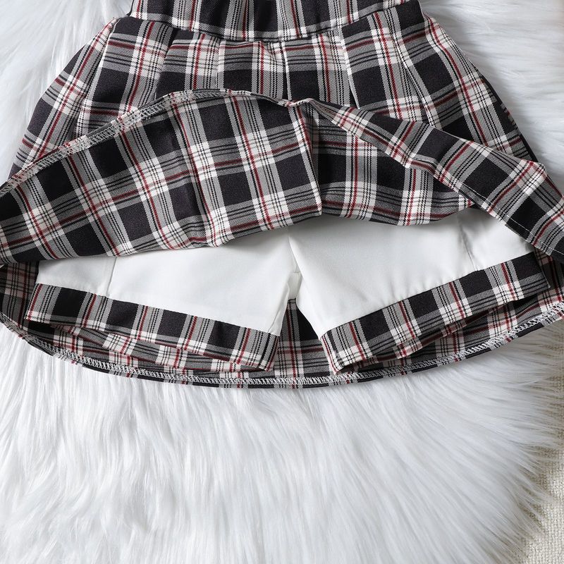 2024 Summer New Small and Medium School Children's with Bubble Sleeves, Pit Striped Top, Checkered Hundred pleats Short_voghion.com