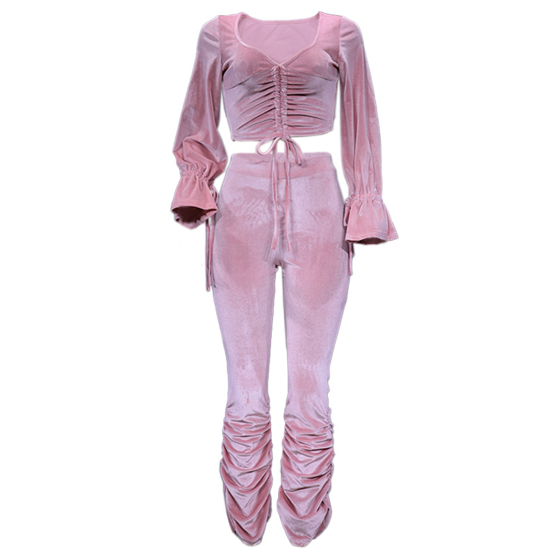 Women's Clothing autumn and winter sexy navel-baring long-sleeved top solid color micro-flared pants two-piece set_voghion.com