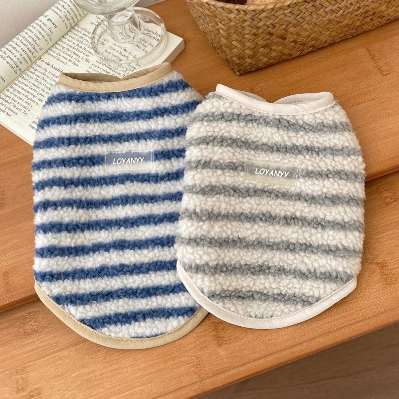 Gilet in pile a righe con etichetta in pelle, abbigliamento per animali domestici, gatti, nuovo stile autunno inverno per Teddy, Bichon e cani di piccola taglia_voghion.com