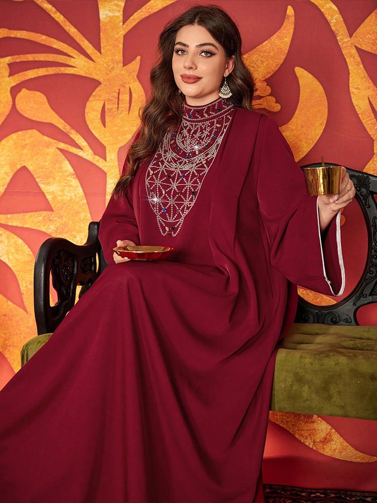 Vestido Abaya muçulmano elegante com bordado de miçangas – Vestido longo e modesto para mulheres, vestido longo evasê plus size, vestido formal com decote em V para noite_voghion.com