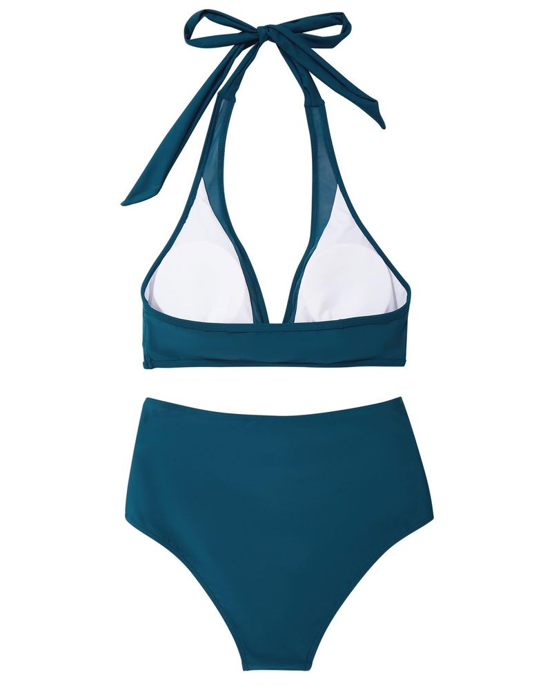 Maillot de bain une pièce sexy ajouré couleur unie, maillot de bain une pièce en maille épissée, taille haute, décolleté plongeant_voghion.com