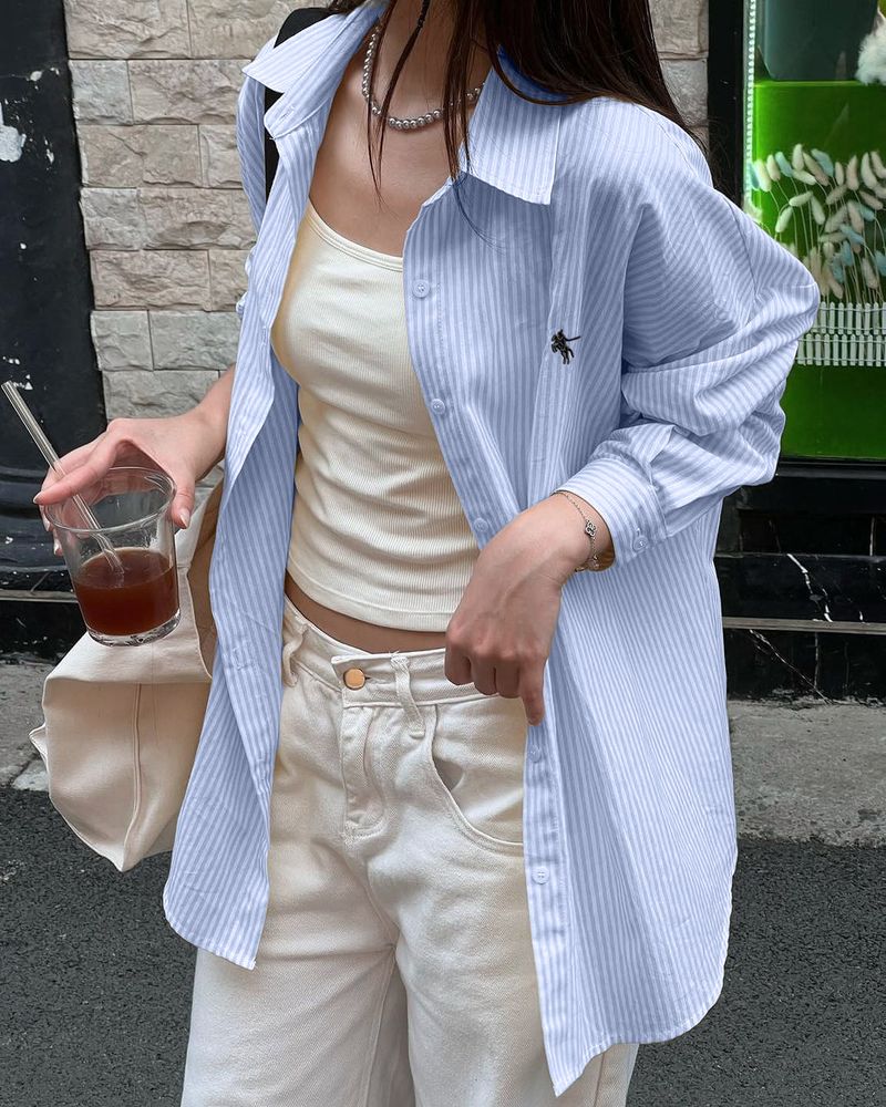 Women's Oversized Long Sleeve Shirt – Soft Cotton-Polyester Blend | Wrinkle-Free Striped Button-Up For Casual & Travel"_voghion.com
