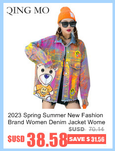 QING MO Damer Heavy Industry Paljetter Kappa Lös Mellanlängd Färg Diamanter Bead Splicing Mesh Denim Coat 2023 Höst_voghion.com