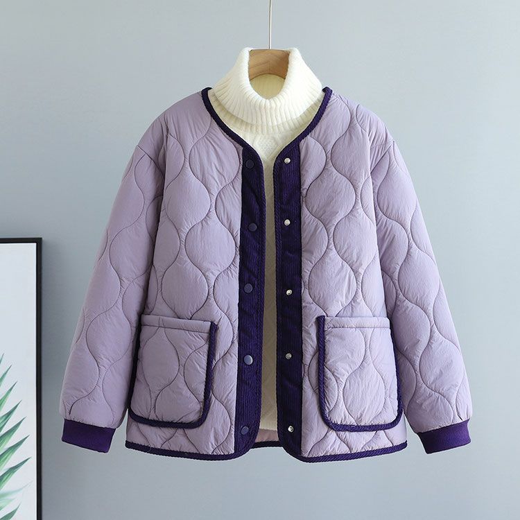 Corduroy Patchwork Quilted Jacket Winter Women Clothing Parkas Warm Cotton-padded Jacket Lightweight Coat Single-breasted Tops_voghion.com