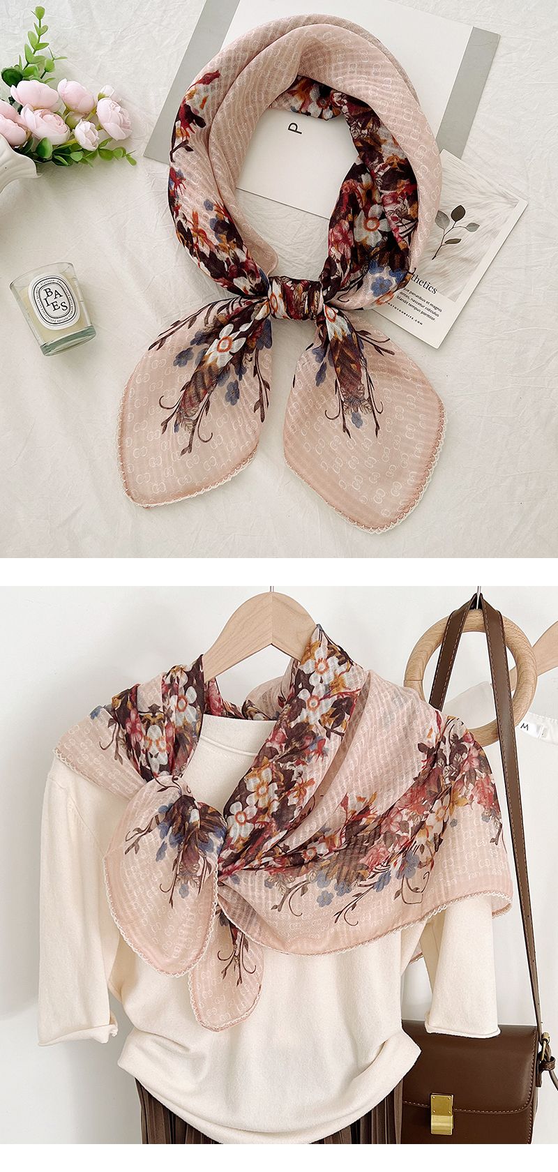 Nuovi prodotti primaverili ed estivi, sciarpe floreali delicate, crema solare da mare, teli da mare, scaldacollo con aria condizionata_voghion.com