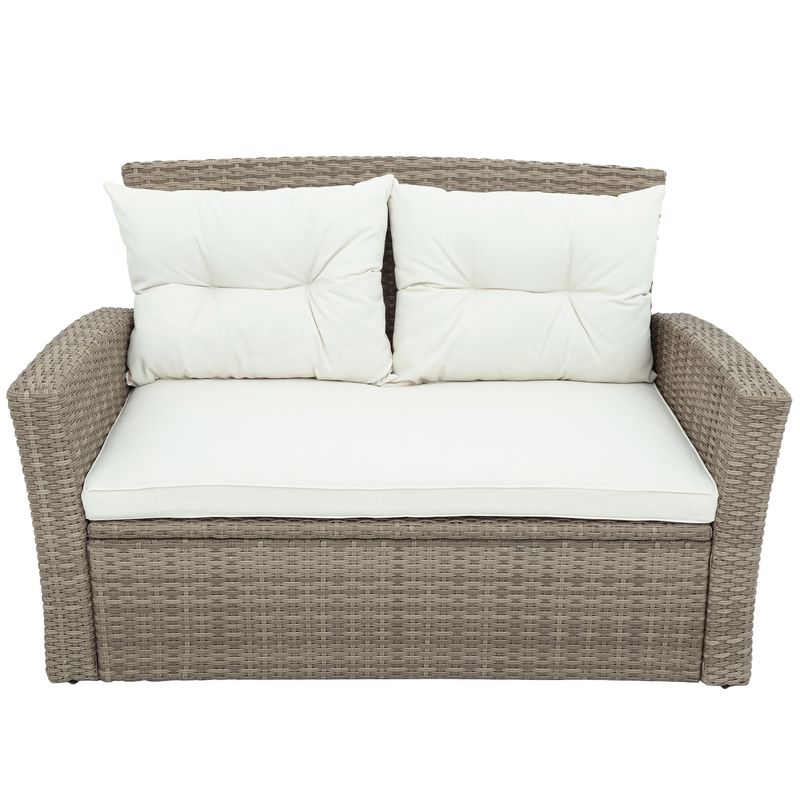 Patio Furniture Set; 4 Piece Outdoor Conversation Set All Weather Wicker Sectional Sofa with Ottoman and Cushions_voghion.com