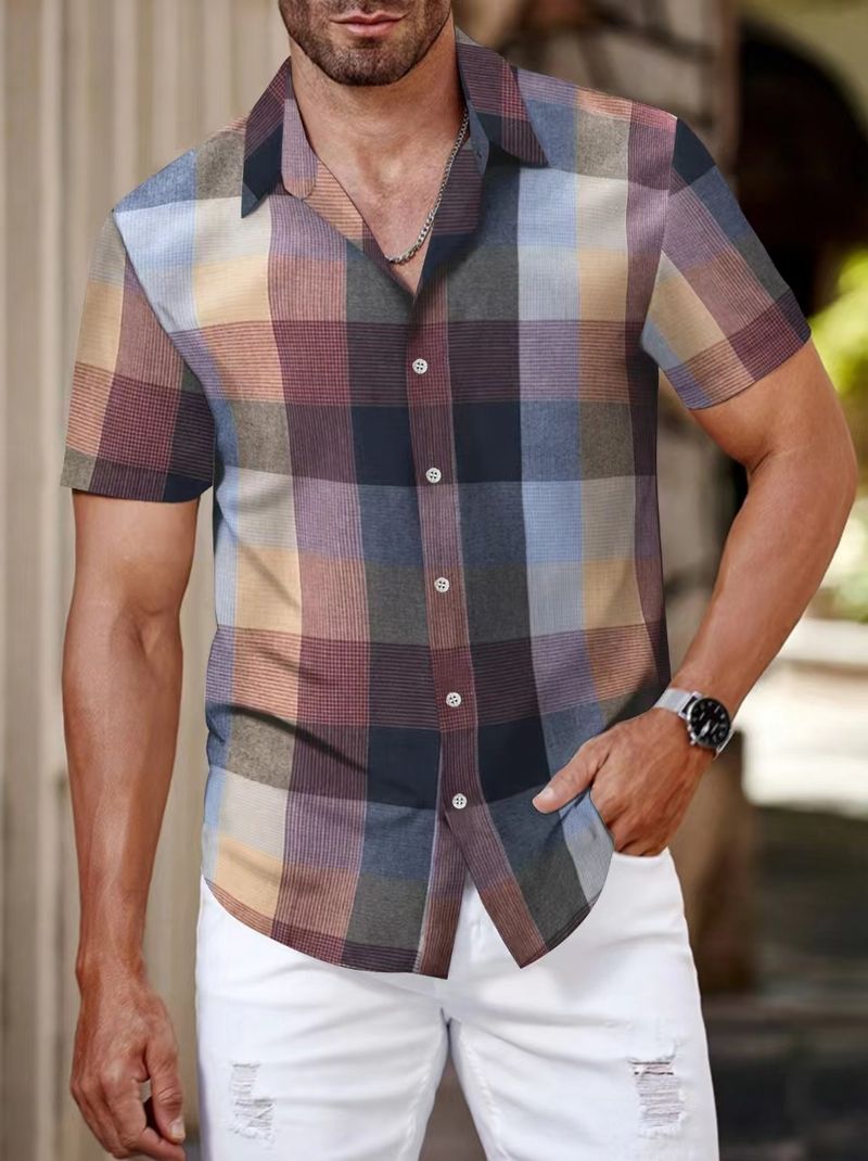 Camicia a quadri estiva da uomo, a maniche corte, alla moda, casual, da uomo, nuova di zecca_voghion.com