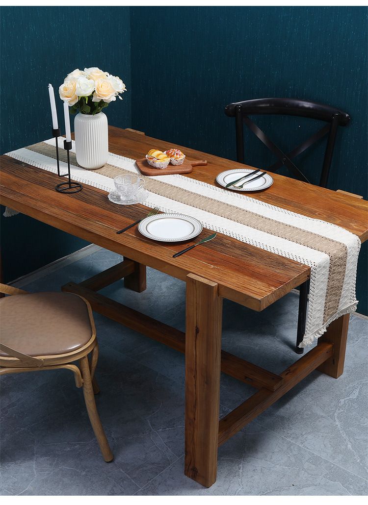 Two Color Woven Tassel American Cotton And Linen Table Runner Stitching Natural Material Table Mat Holiday Decoration Cover_voghion.com