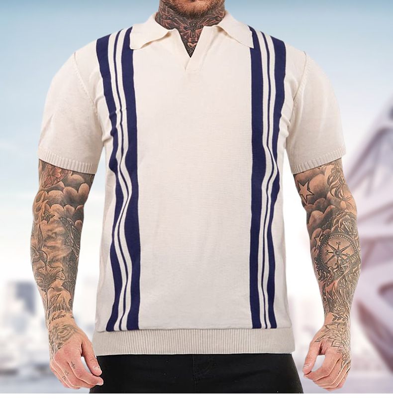 New men's summer striped short sleeved knit with slim fitting lapel casual polo shirt for men SY0095_voghion.com
