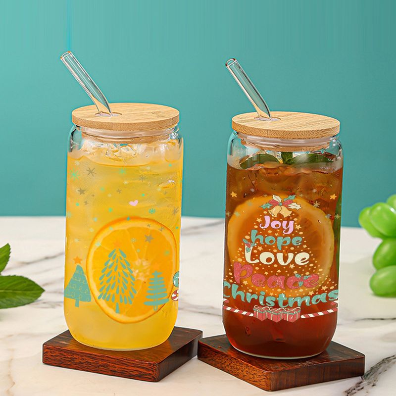 Modern Minimalist Borosilicate Glass Tumbler With Bamboo Lid - 16oz Leak-Proof Straw Cup (Christmas Gift-Ready)_voghion.com