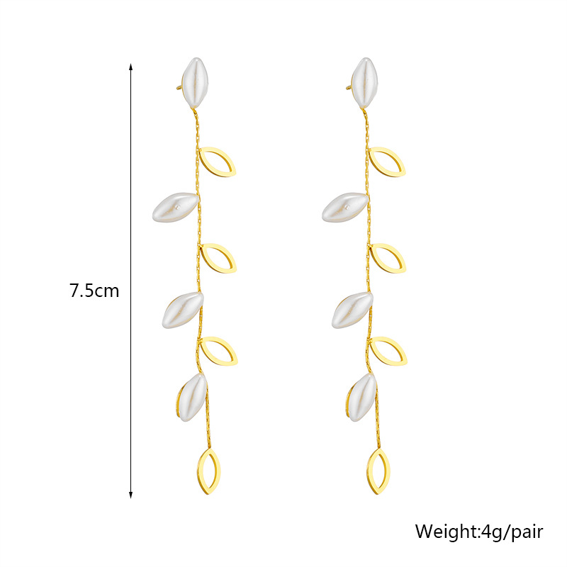 Unisex fashion temperament simple light luxury pearl hollow willow leaf long hanging earrings_voghion.com