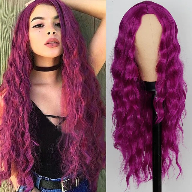 Peluca sintética bigotes de maíz rizo de lana ondas pequeñas pelo rizado diadema de fibra sintética centro dividido conjunto de pelo largo_voghion.com