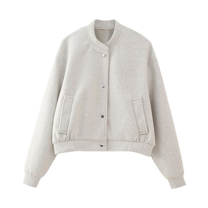 Soft & Stylish Oversized Bomber Jacket For Women - Lightweight Fall/Winter Coat With Stand Collar, Button Detail (Grey, Beige, Black)_voghion.com