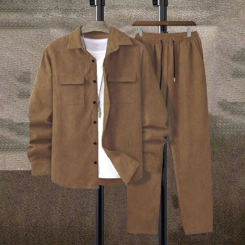 Men's Clothing Men's Corduroy Casual Suit Set - Stylish & Comfortable Slim Fit Jacket & Pants Outfit For Everyday Wear Corduroy Casual Suit Set_voghion.com