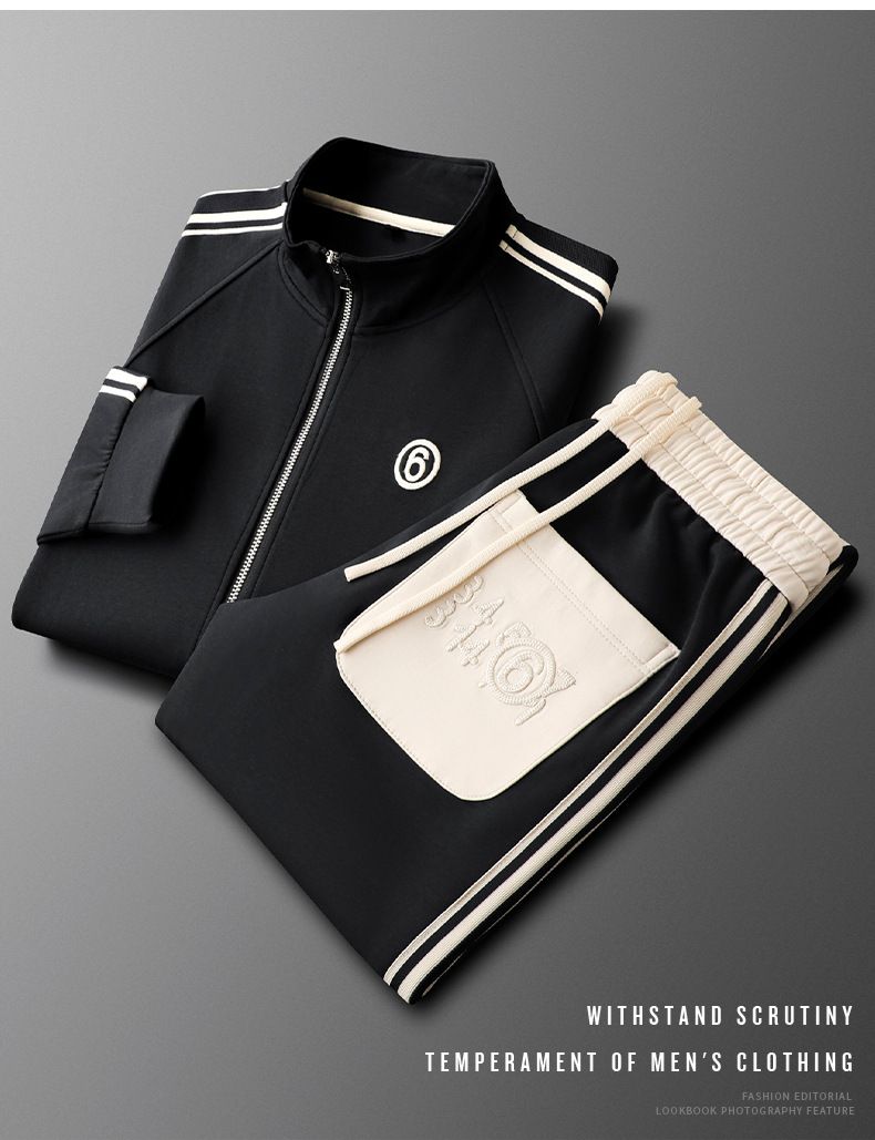 Herrkläder Höst Herr Blå Fritidssportdräkt Herr Tvådelad kostym Modetrend Sidoränder Kläder för par_voghion.com