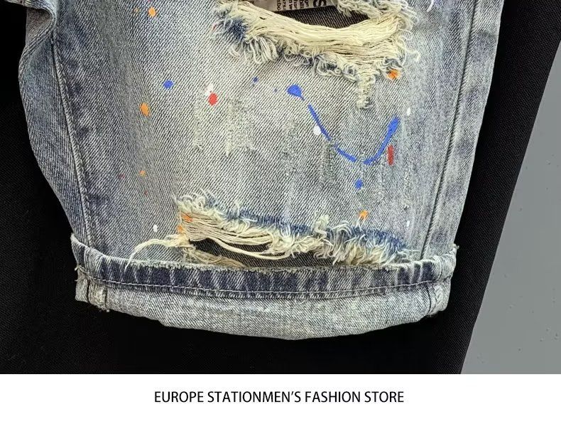 Herrenbekleidung Sommer Dünne Mode Ripped Patch Denim Shorts Herren Trendy Marke All Match Cat Whisker Distressed Beggar Five Point Pants_voghion.com