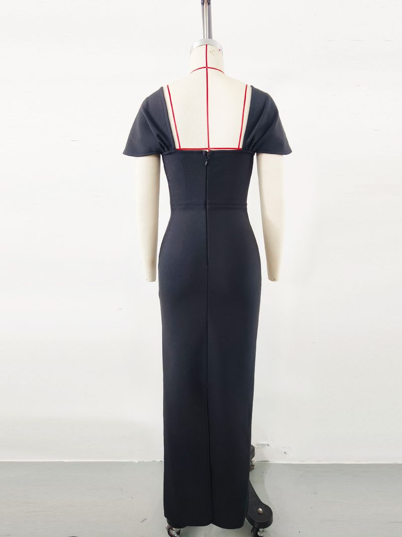 Elegante abito da sera con fascia e strass - Abito formale per feste di Natale da donna, abito aderente in poliestere elasticizzato aderente_voghion.com