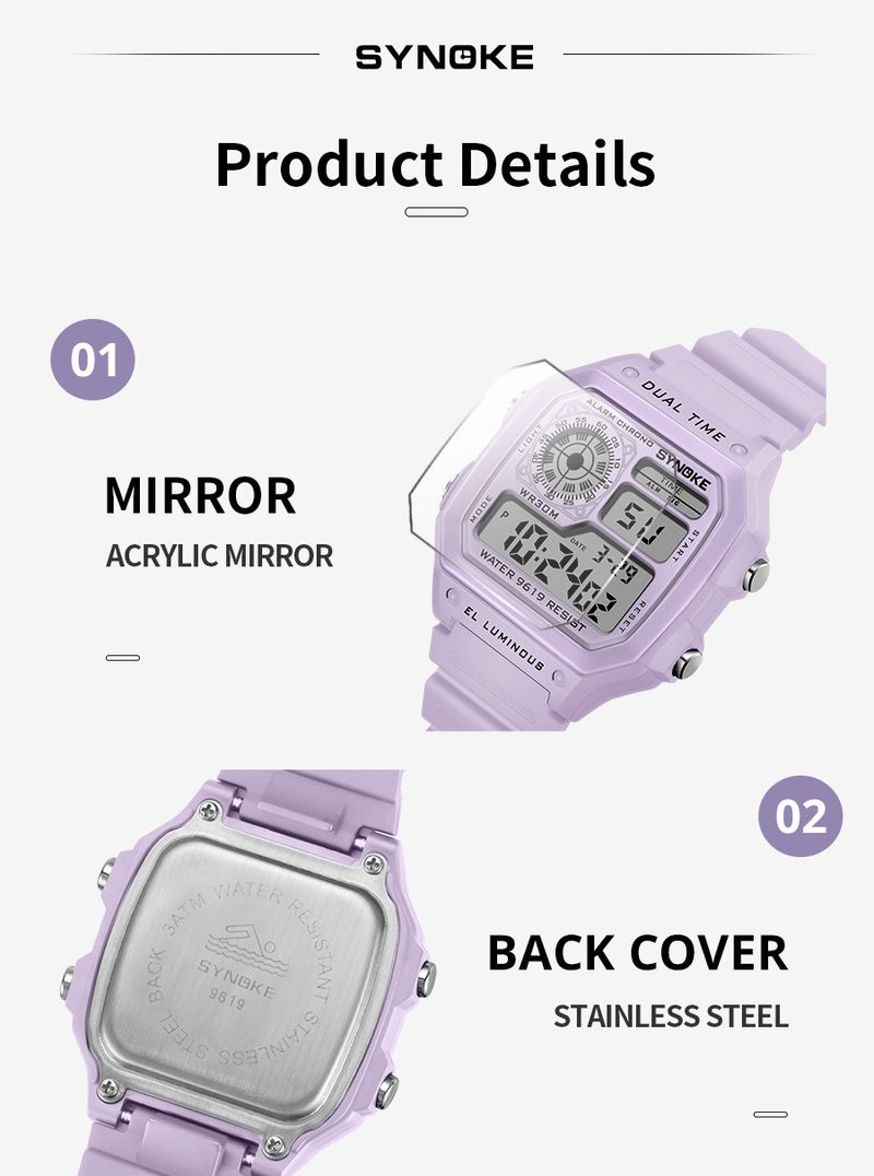 Retro Digital Sports Watch For Women, Waterproof With Night Light, Square Dial, Classic Design, Stopwatch, Alarm, 30M Water Resistance_voghion.com