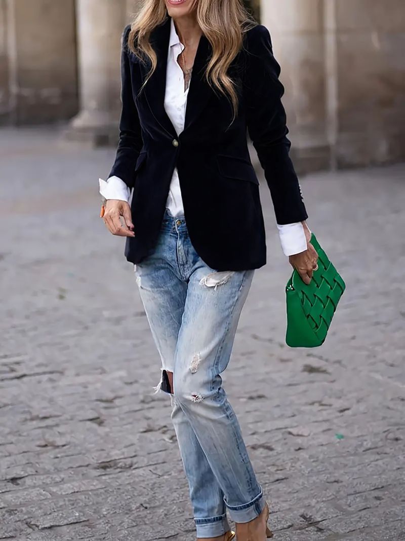 Blazer doppiopetto senza maniche con finiture in velluto per donna, primaverile, da ufficio (rosso/blu/verde/nero) | Dolce e sofisticato (S-XXL)_voghion.com
