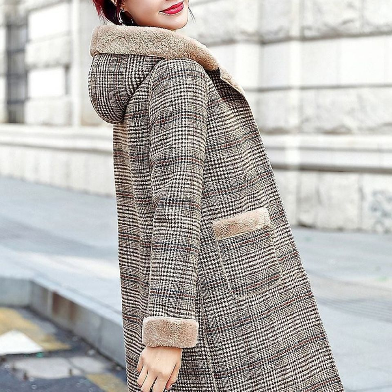 Damenbekleidung: Neue Winterkleidung für Damen, einteiliger, karierter Wollpelzmantel und dicker Samt, warm, mittellang, mit Kapuze_voghion.com