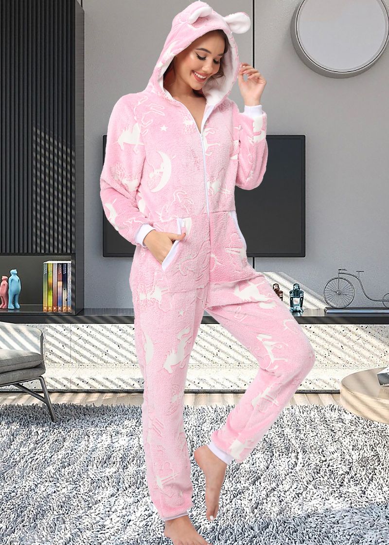 women's Christmas deer snowflake flannel hooded jumpsuit pajamas home clothes_voghion.com
