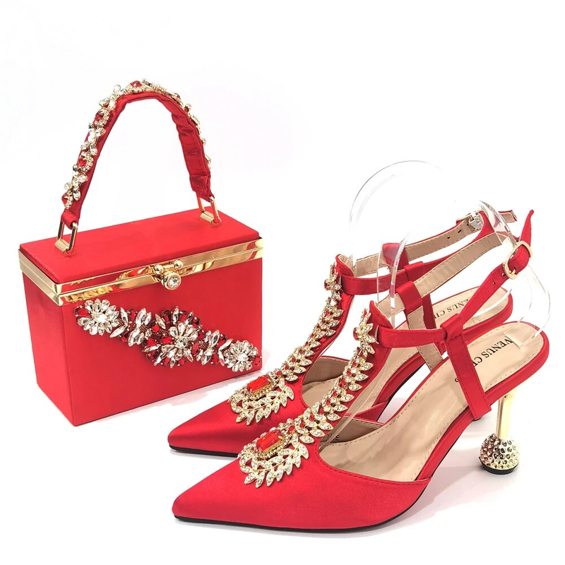 Venus Chan 2023 Italian Design Girly Style Pointed Toe Wedding Shoes And Bag, Full Diamond Decoration Metal Closure Bag_voghion.com