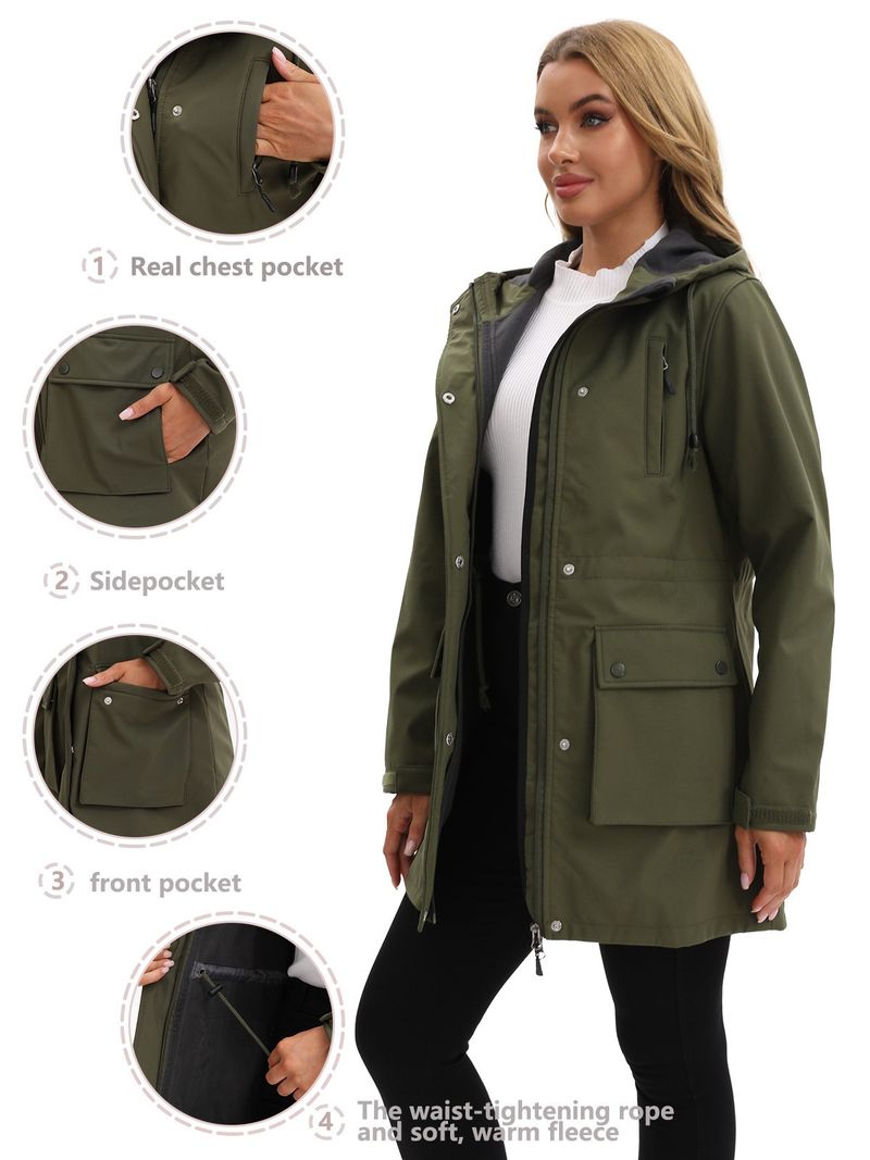 Women's Waterproof Softshell Jacket With Hood - Windproof Raincoat For Outdoor Hiking & Commuting (Black, Army Green, Navy Blue, Coffee, Light Gray)_voghion.com